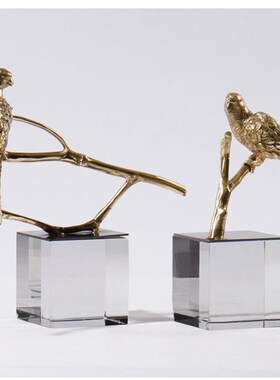 现代新中式金属铜枝小鸟摆件水晶样G板房书房客厅创意软装饰品