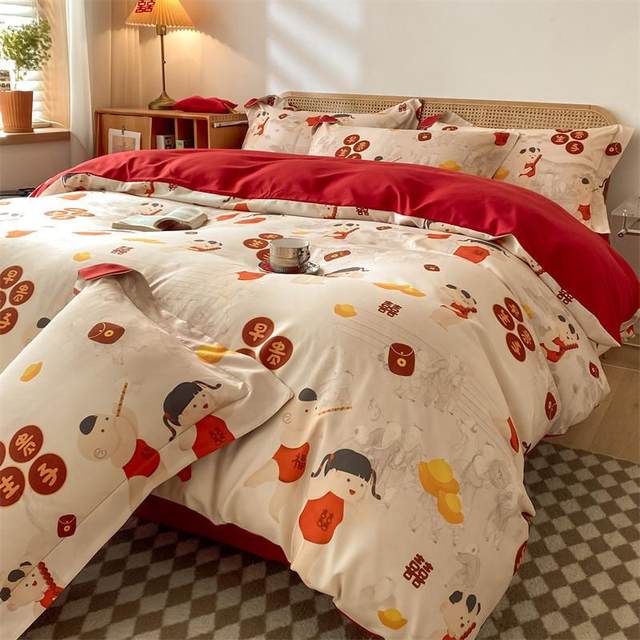 New wedding four-piece set big red cotton printed set bed sheet hat wedding dowry bedding