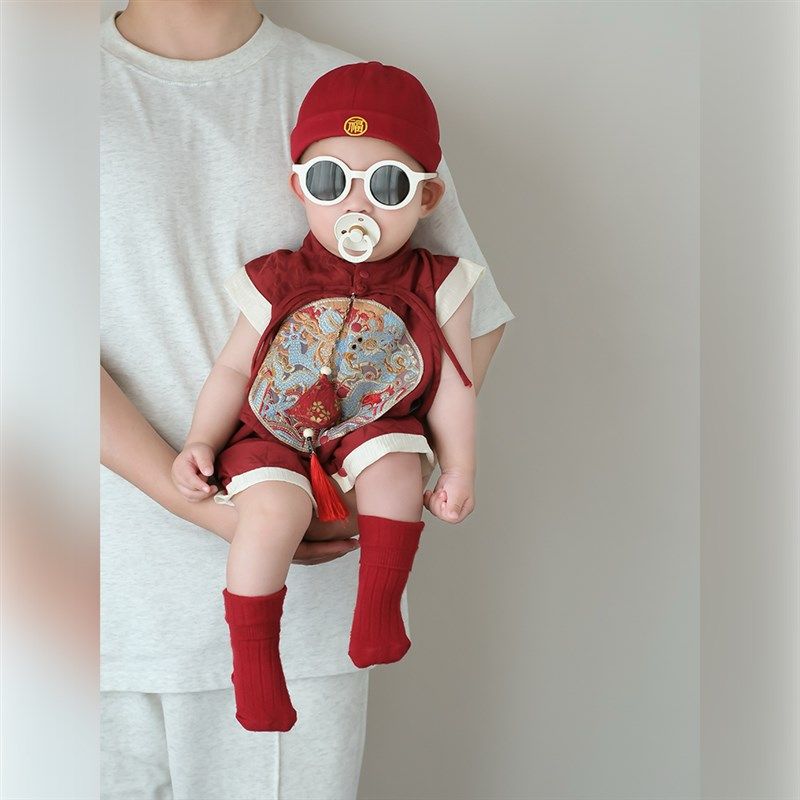 男宝宝生日宴衣服夏天婴儿连体衣25国风抓周爬服夏季百天幼儿礼服,淘宝优惠券,粉丝福利购,淘宝优惠卷