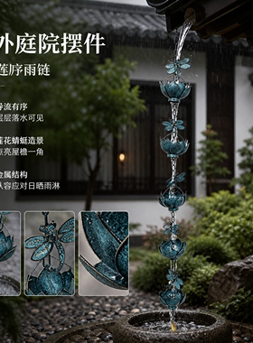 中式青蜓莲花雨链金属摆件