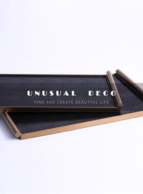 现代简约金属柱形边木质皮革托盘轻奢样板L间茶几长方形托盘收纳