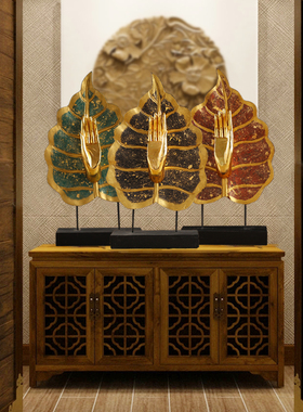 泰国木雕摆件东南亚风格实木w菩提叶佛手书房办公室复古装饰工艺