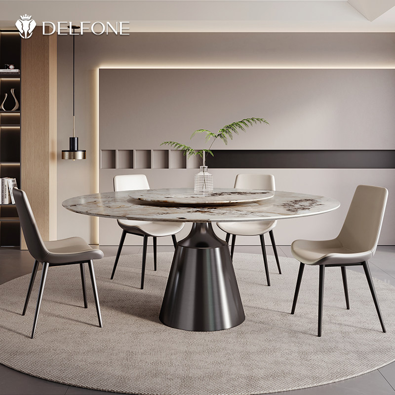 德利丰轻奢意式餐厅带转盘圆桌岩板餐桌不锈钢锥形底座餐椅组合,淘宝优惠券,粉丝福利购,淘宝优惠卷