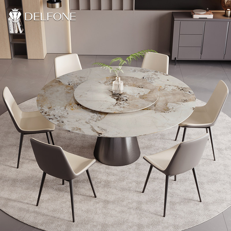 德利丰轻奢意式餐厅带转盘圆桌岩板餐桌不锈钢锥形底座餐椅组合,淘宝优惠券,粉丝福利购,淘宝优惠卷