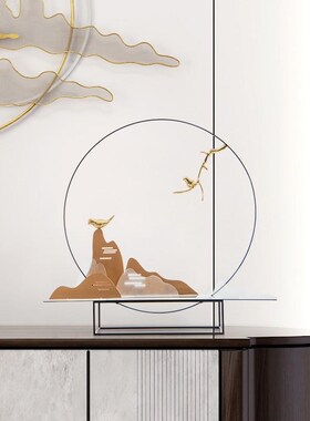 现代新中式c创意铜鸟山景软装饰品摆件样板房酒店会所客厅玄关摆