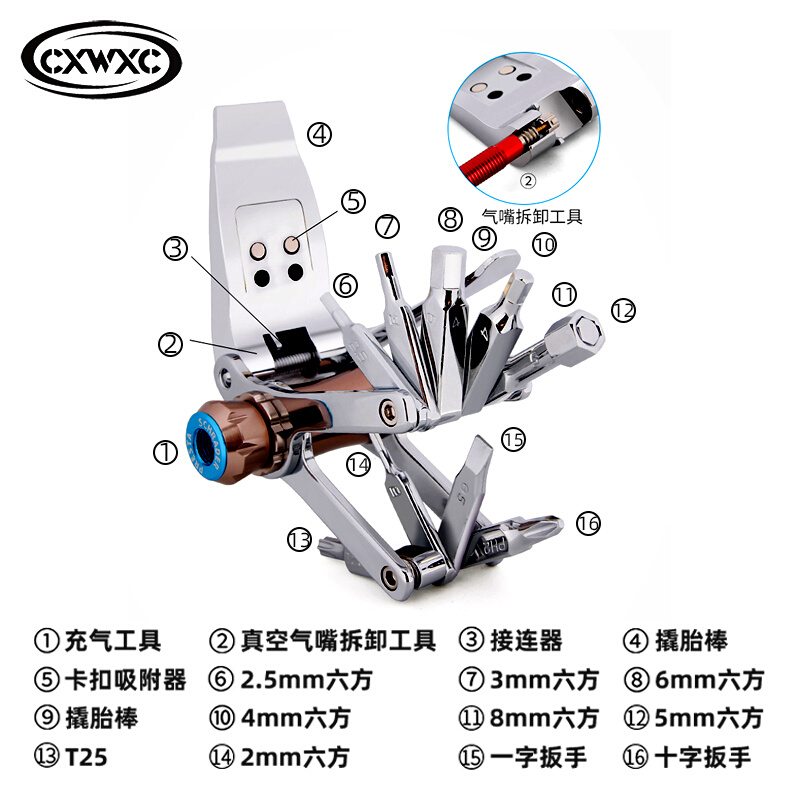 CXWXC山地公路自行车便携迷你修车工具组二氧化碳CO2气瓶充气嘴头-图0