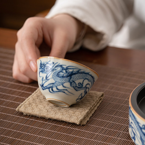 汝窑青龙纹花口杯单杯家用待客品茗杯陶瓷功夫茶具开片可养主人杯 - 图1