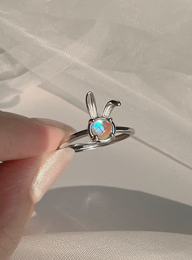 极速月光石兔子戒指纯银女2022年新款潮本M命年生肖食指戒小众设