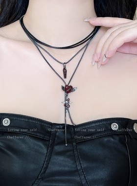 反差女王！小众暗黑风叠戴爱心项炼女款个性独特锁骨毛衣炼亚文化