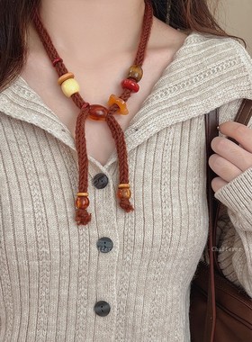 玩个毛线！编织毛线花朵吊坠项炼女秋冬配饰抽拉式毛衣炼2025新款