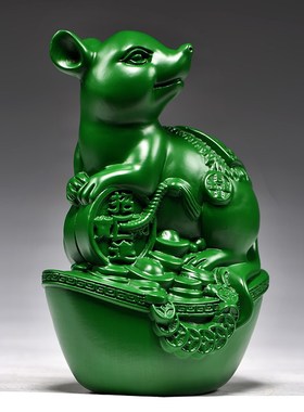 绿色木雕老鼠摆件l实木质十二生肖鼠雕刻家居装饰品红木送礼工艺