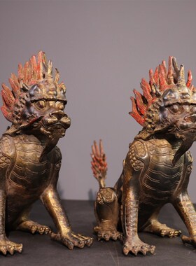 古玩杂项收藏纯铜泥o金麒麟瑞兽摆件玄关商铺居家饰品办公书案