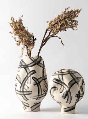 现代复古新中式手绘陶瓷罐子花瓶摆件样板间酒P店客厅玄关果盘装