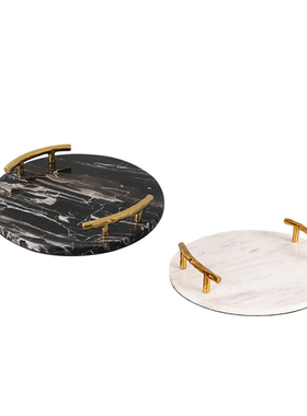 北欧轻奢样板房酒店茶几桌面装饰大C理石金属提手托盘收纳果盘摆