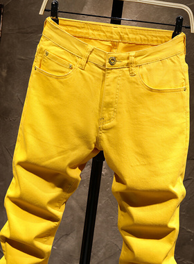 新款黄色发型师学生牛仔裤男夏季薄款修身小脚潮流时尚百搭长裤子