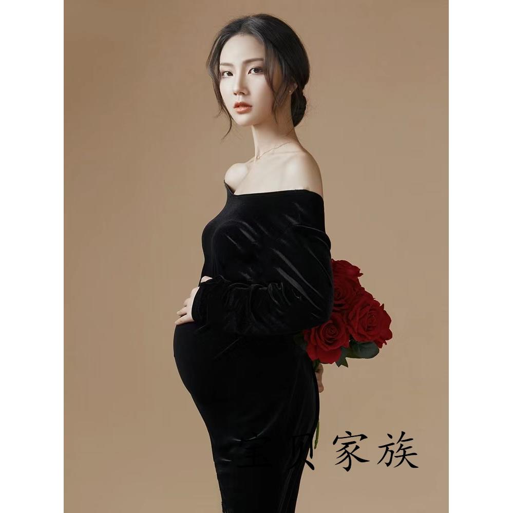 影楼孕妇照服装黑色超显瘦露肩艺术照影楼拍照摄影连衣裙丝绒礼服