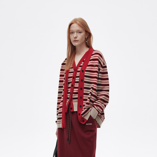 AVVENN设计师款福运蛇撞色条纹青春复古感羊毛开衫AL10107778 - 图0