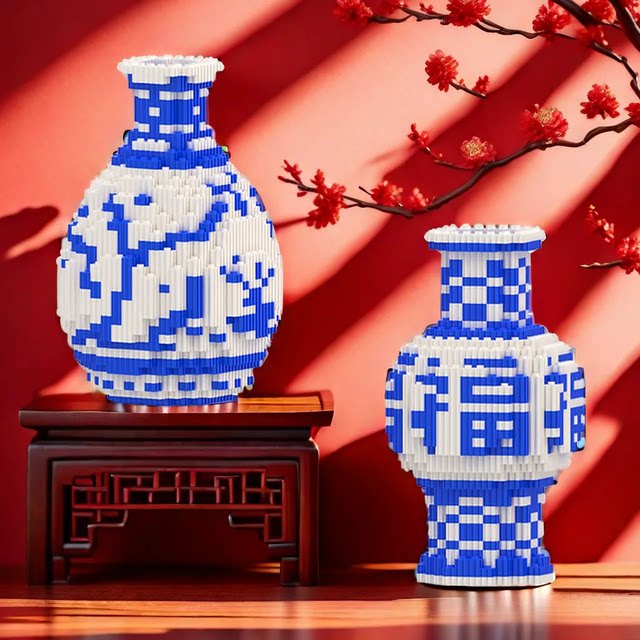 Blue and white porcelain vase building block ornaments puzzle building block toys Jingdezhen ceramic vase flower arrangement entrance decoration