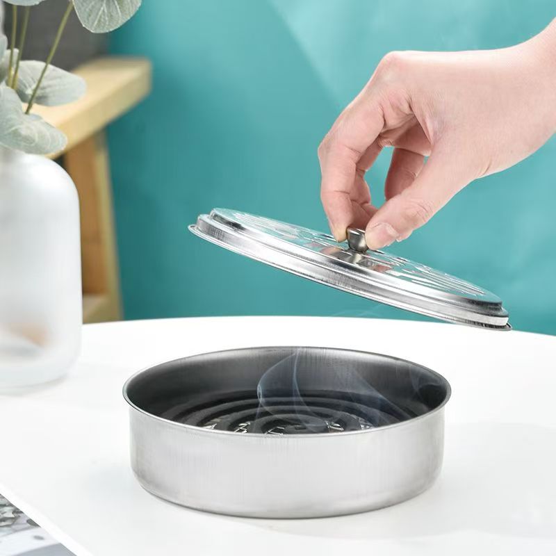 防火蚊香盒不锈钢驱蚊器户外防蚊香盘带盖怀炉套托盘加高家用新款 - 图3