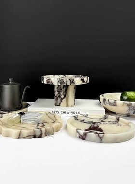 天然宝格丽大f理石果盘收纳托盘摆件简约轻奢样板间酒店客厅装饰