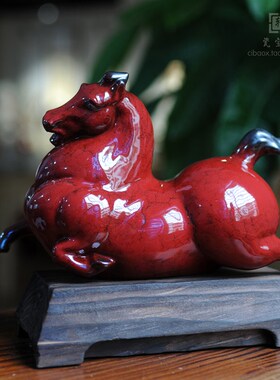 陶瓷马踏飞燕结晶红釉瓷马古典唐代风格瓷马O家居酒店办公招财摆