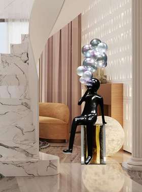 极速酒店大堂摆j件吹泡泡男孩抽象人物雕塑样板间大型落地电视柜