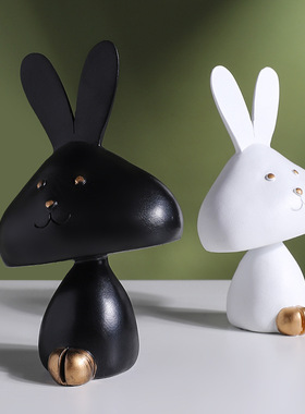 极速可爱黑白仿真动物树脂摆件小兔子可爱工艺品卧V室书房客厅桌