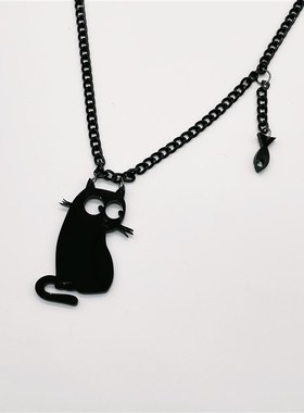 极速无聊了 g戴个想吃鱼的猫猫!小鱼黑猫吊坠锁骨链饰品