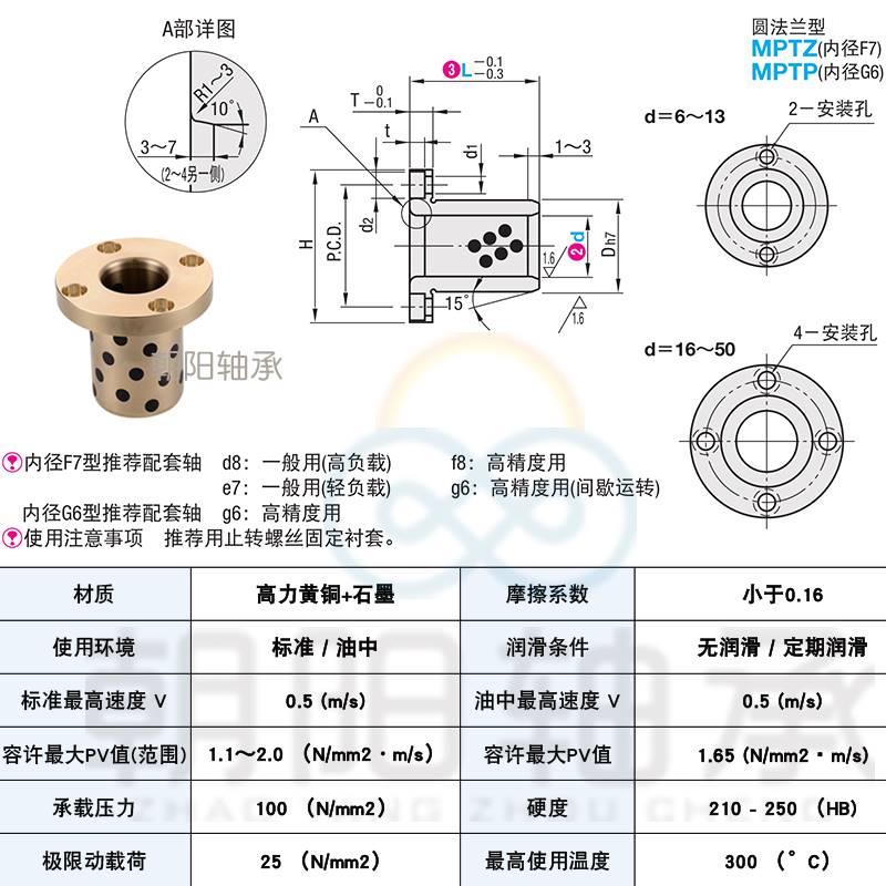 MPTZ圆法兰一体无油衬套耐磨自润滑轴承石墨铜套光轴套导套耐高温 - 图1