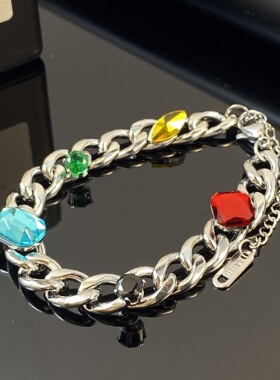 美式街头风高级感宝石钛钢手链 保色古巴嘻哈粗链条情侣百搭手链