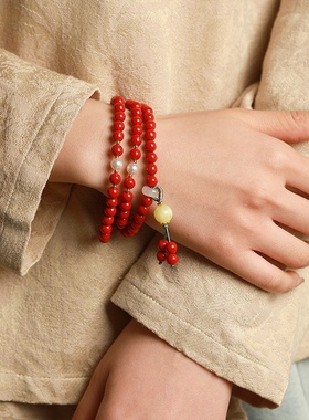 天然原矿朱砂手串多圈女纯素圈高含量紫金砂三圈手链朱砂双圈