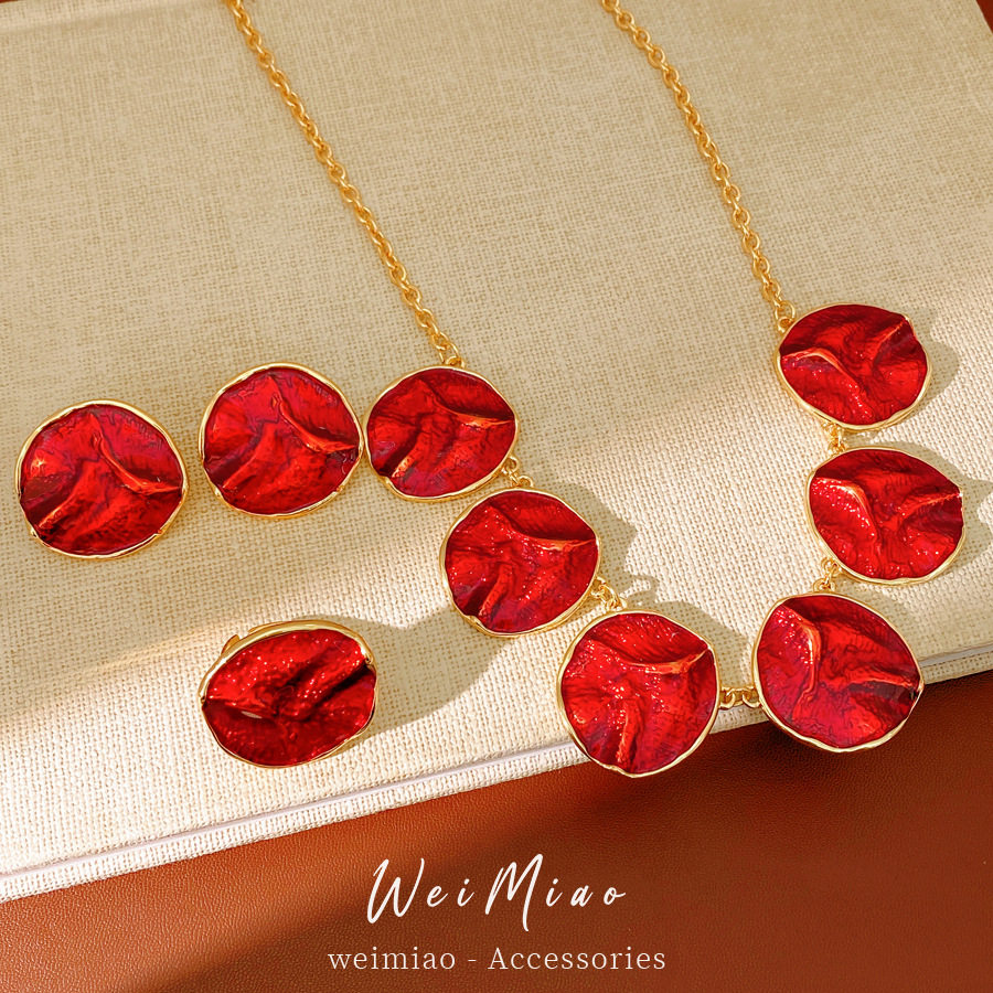红色系滴油圆形褶皱耳钉戒指项链轻奢小众锁骨链气质复古首饰套装,淘宝优惠券,粉丝福利购,淘宝优惠卷