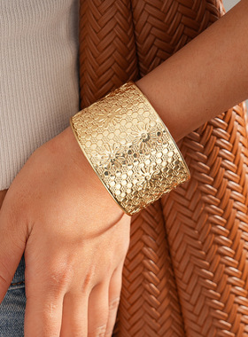 欧美金属风花朵开口手镯复古百搭