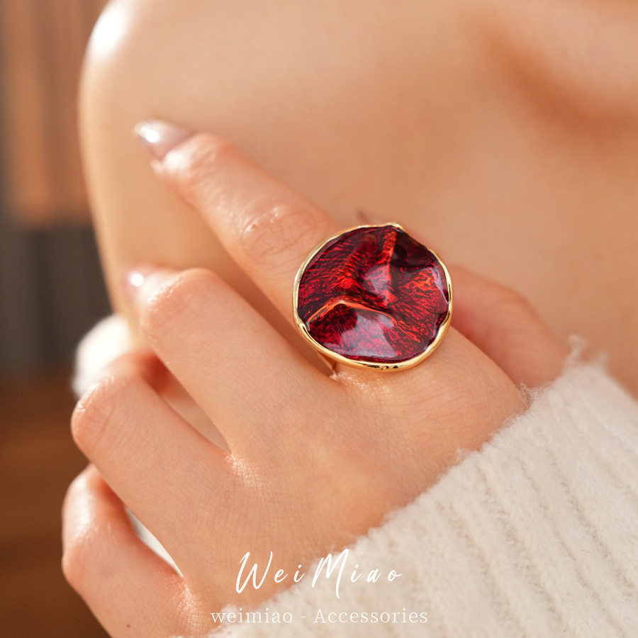 红色系滴油圆形褶皱耳钉戒指项链轻奢小众锁骨链气质复古首饰套装,淘宝优惠券,粉丝福利购,淘宝优惠卷