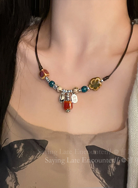 新品招财~ 新中式国风文字陶瓷项链女2024新款复S古做旧串珠毛衣