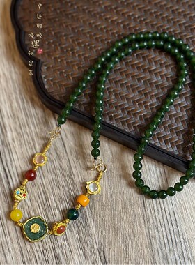 新品新中式e长款绿色串珠项链女复古国风天然石毛衣链古风汉服旗