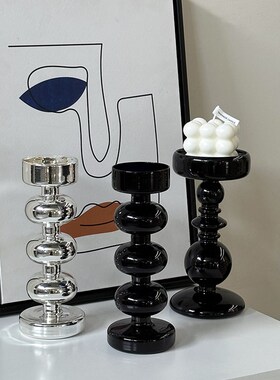 新品ins法式玻璃烛台北欧圣诞轻奢简约居M家黑色银色实木复古装饰