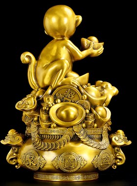 新品铜猴子摆件金属m客厅聚宝盆猴办公室桌面如意鼠龙猴三合大号1