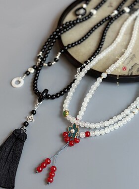 新品国风c长款流苏黑色串珠项链新中式小众复古古风斜挎链毛衣链