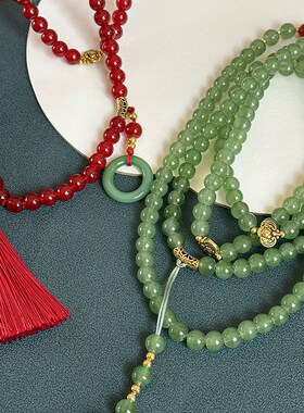 新品国风新中式h108颗红色串珠子流苏项链长款斜挎链古风汉服旗袍