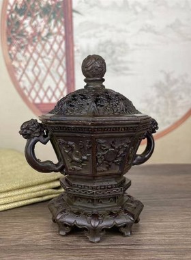 仿古铜合金老包浆双耳q狮四方神兽炉摆件镂空香炉家居饰品办公室