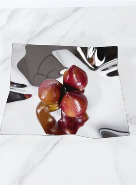 现代简约银色镜面不锈钢褶皱方形果盘托盘P摆件样板房软装饰品