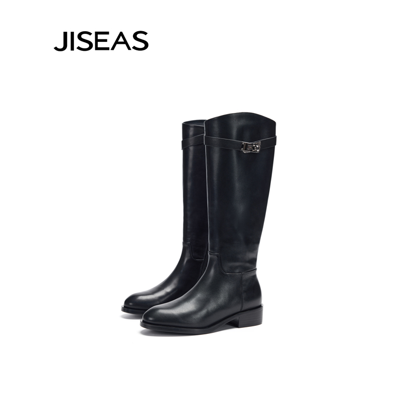 JISEAS2025秋冬新款高长筒靴拉链英伦时装靴显瘦真皮加绒骑士靴子
