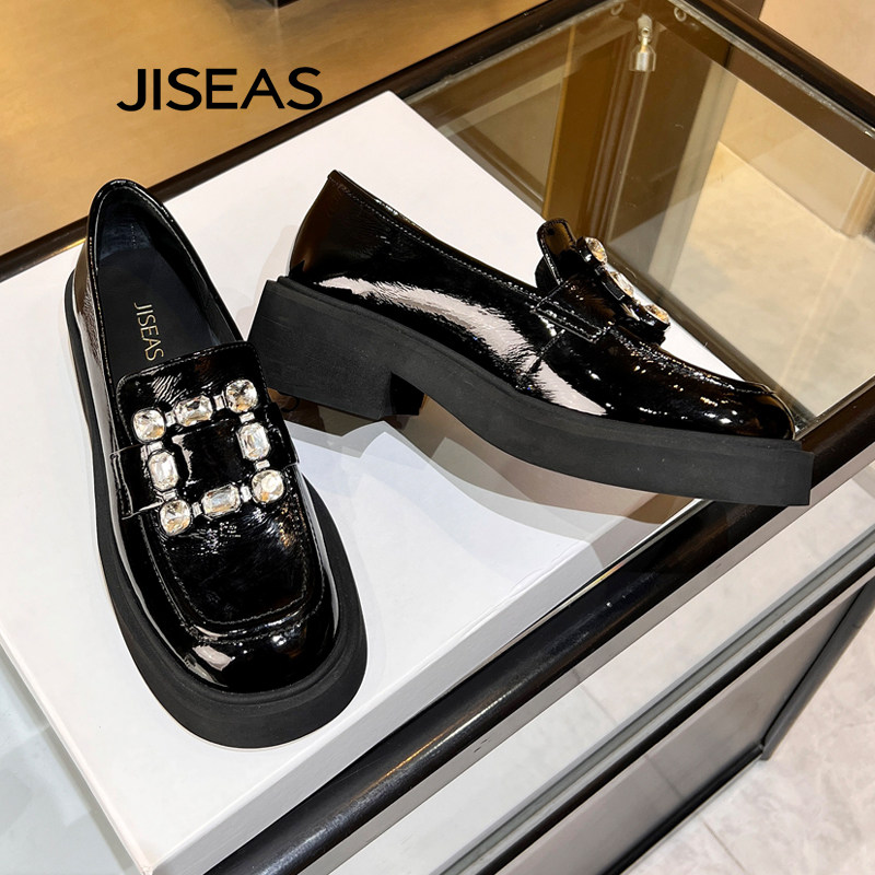 JISEAS厚底乐福鞋女2024秋新款真皮透气百搭一脚蹬休闲水钻小皮鞋,淘宝优惠券,粉丝福利购,淘宝优惠卷