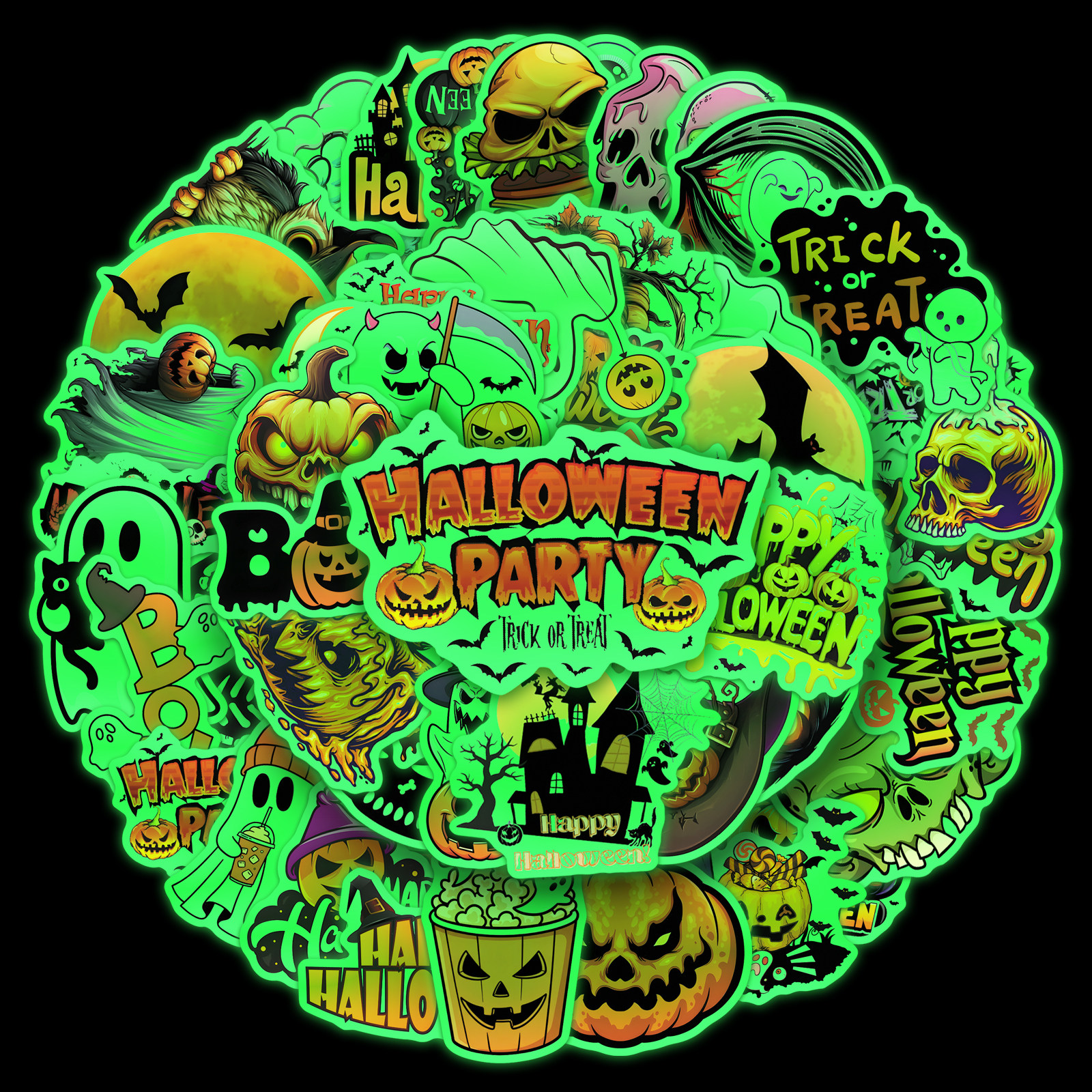 100张万圣节卡通夜光贴纸可爱夜间幽灵南瓜灯荧光节日装饰防水保温杯门窗耳机壳冰箱相册玻璃iPad手机壳贴纸,淘宝优惠券,粉丝福利购,淘宝优惠卷