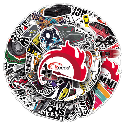 100张赛车比赛元素贴纸潮流酷玩创意个性汽车涂鸦图案电脑桌面平板摩托车头盔DIY素材手账本装饰防水无痕贴画 - 图2