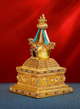 尼泊尔铜鎏金手工菩提塔宝塔可打开装物件噶O当塔镶嵌宝石八塔摆