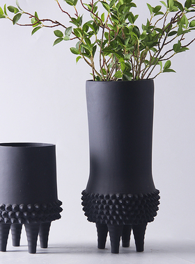 新中式现代简约高脚磨砂黑白陶瓷花瓶摆件样板房客厅餐.桌果盘饰