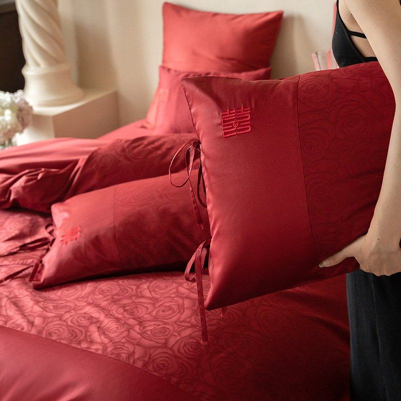 囍~正红色结婚庆全棉四件套 100S长绒棉贡缎提花纯棉嫁娶男女床品,淘宝优惠券,粉丝福利购,淘宝优惠卷