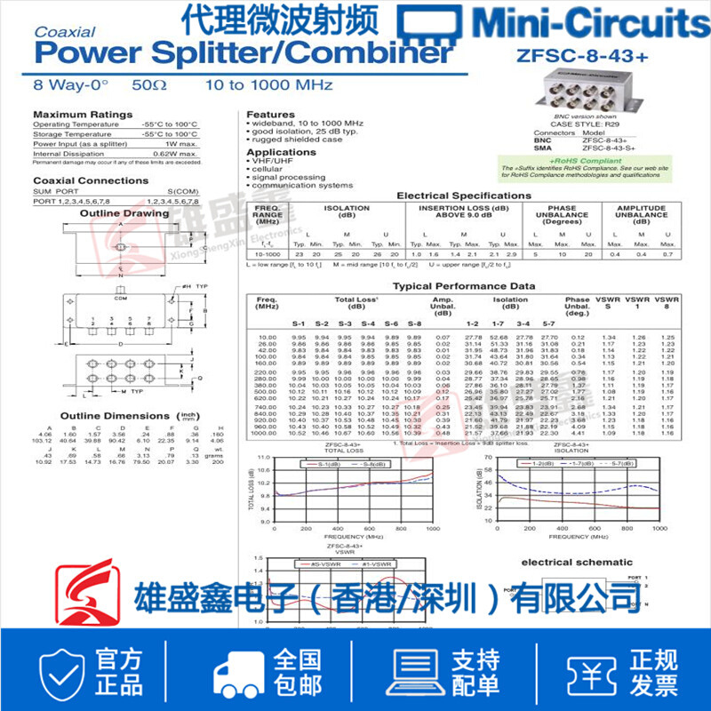 Mini-Circuits ZFSC-8-43+ 10-1000MHz 一分八功分器 BNC - 图3